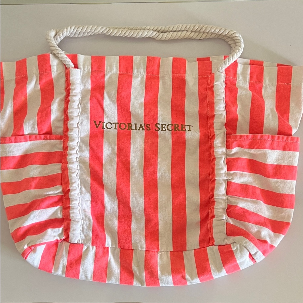 Victoria’s Secret Orange and White Striped Cotton Large Tote Bag